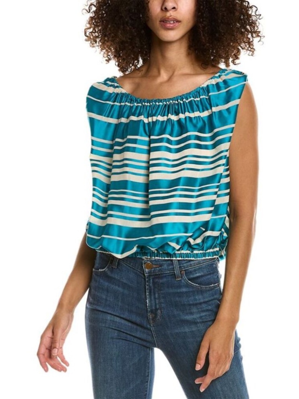 NWT TRINA TURK Striped Bubble Top Teal blue/ White Size M. Retail $248